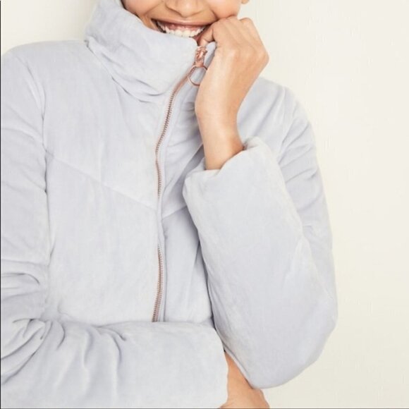 Old Navy Gray Velour Puffer Jacket Rose Gold Hardware Size S - Picture 4 of 8